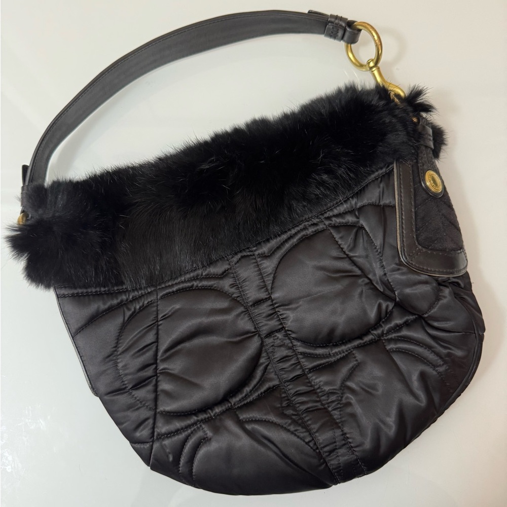 Coach Black Quilted Shoulder Bag with Fur Trim